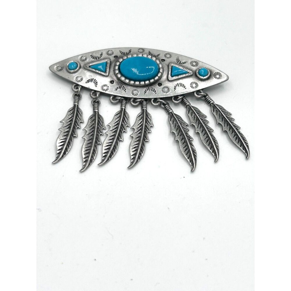 Vintage Pewter Southwestern Brooch Pin JJ Jonette Fashion Jewelry Feathers 1980s